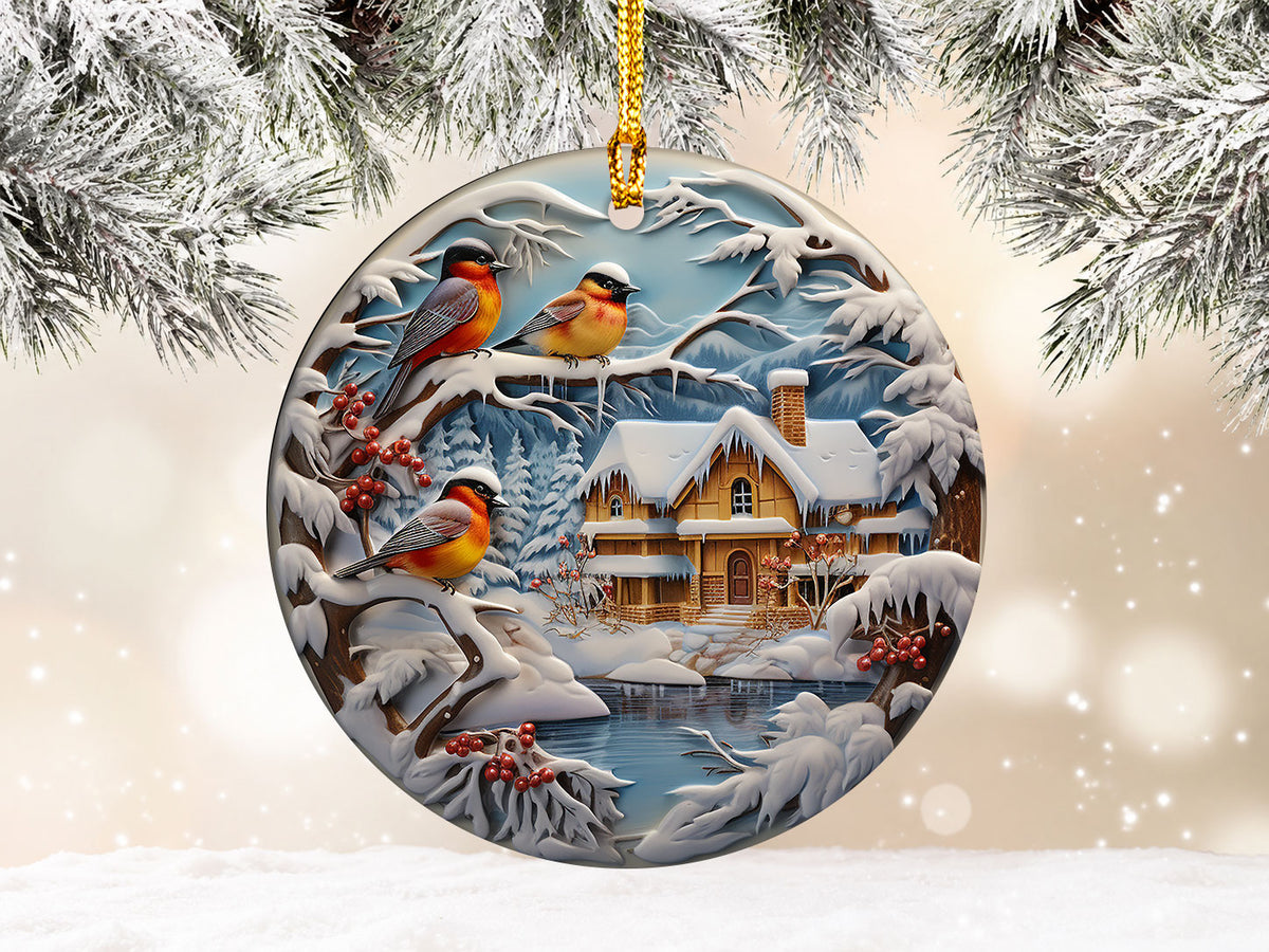 Winter Birds Christmas Ornament 2026, Snowy Cardinal Bird Cottage Ceramic Ornament, Rustic Cabin Holiday Tree Decor