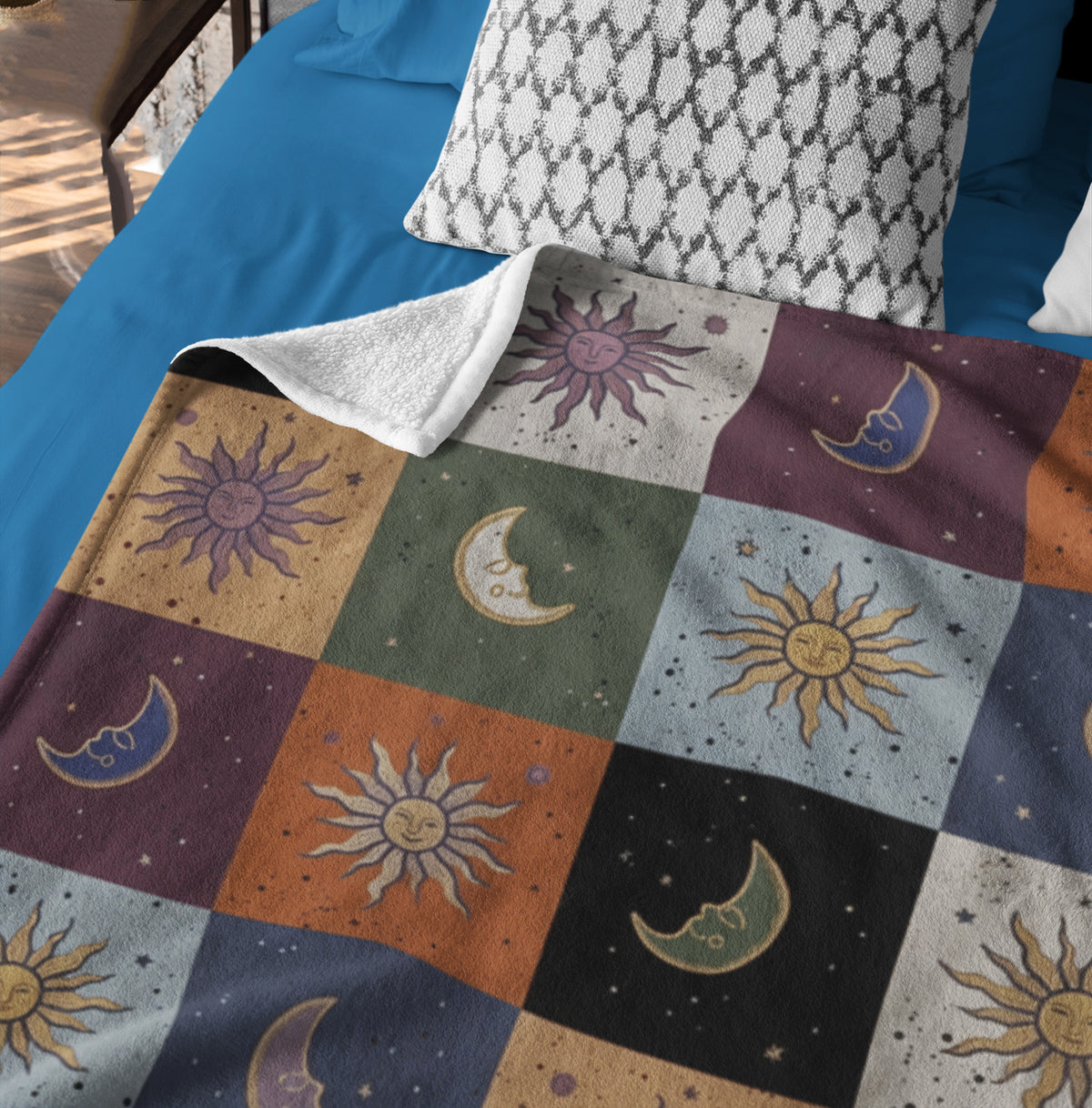 Mystic Sun Moon Boho Style, Celestial Checkerboard Throw Blanket