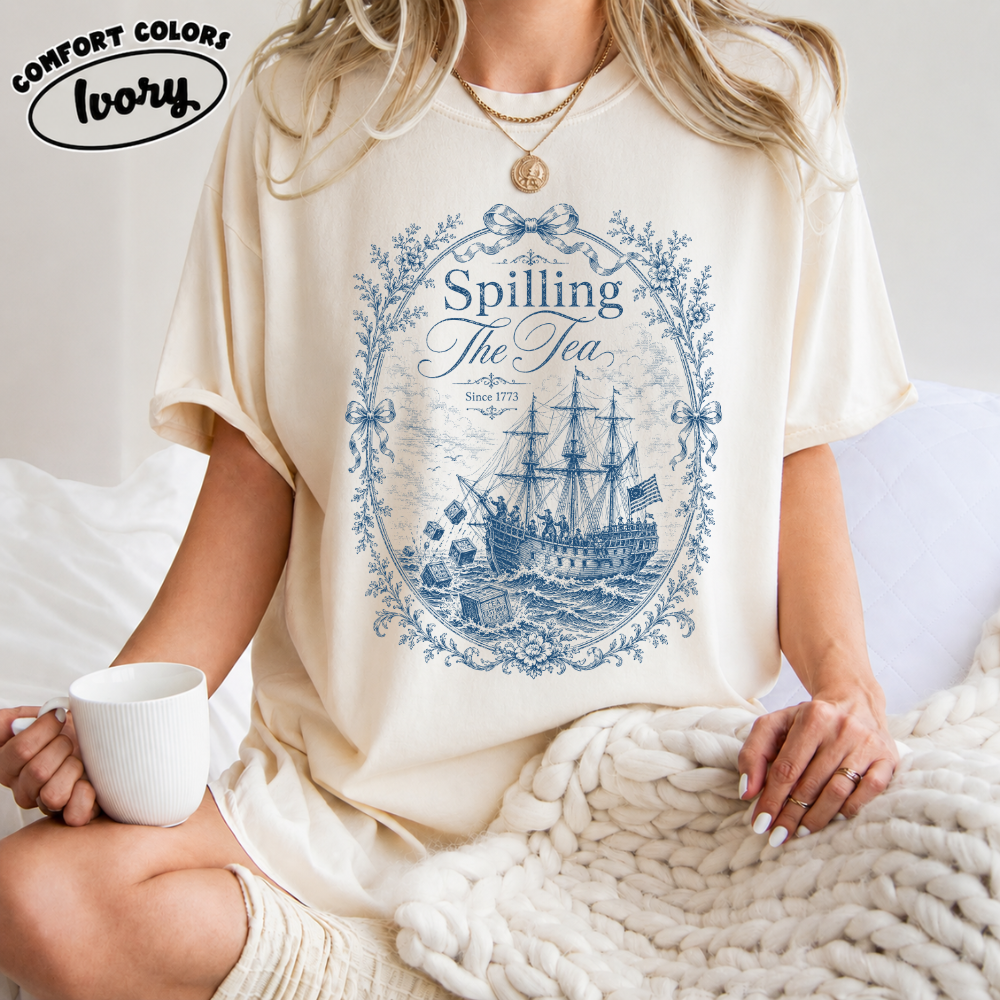 Blue Toile Spilling The Tea Since 1773 Shirt, Funny 4th of July Tee, Boston Tea Party Patriotic Shirt, Americana Clothing, USA Independence Day Gift