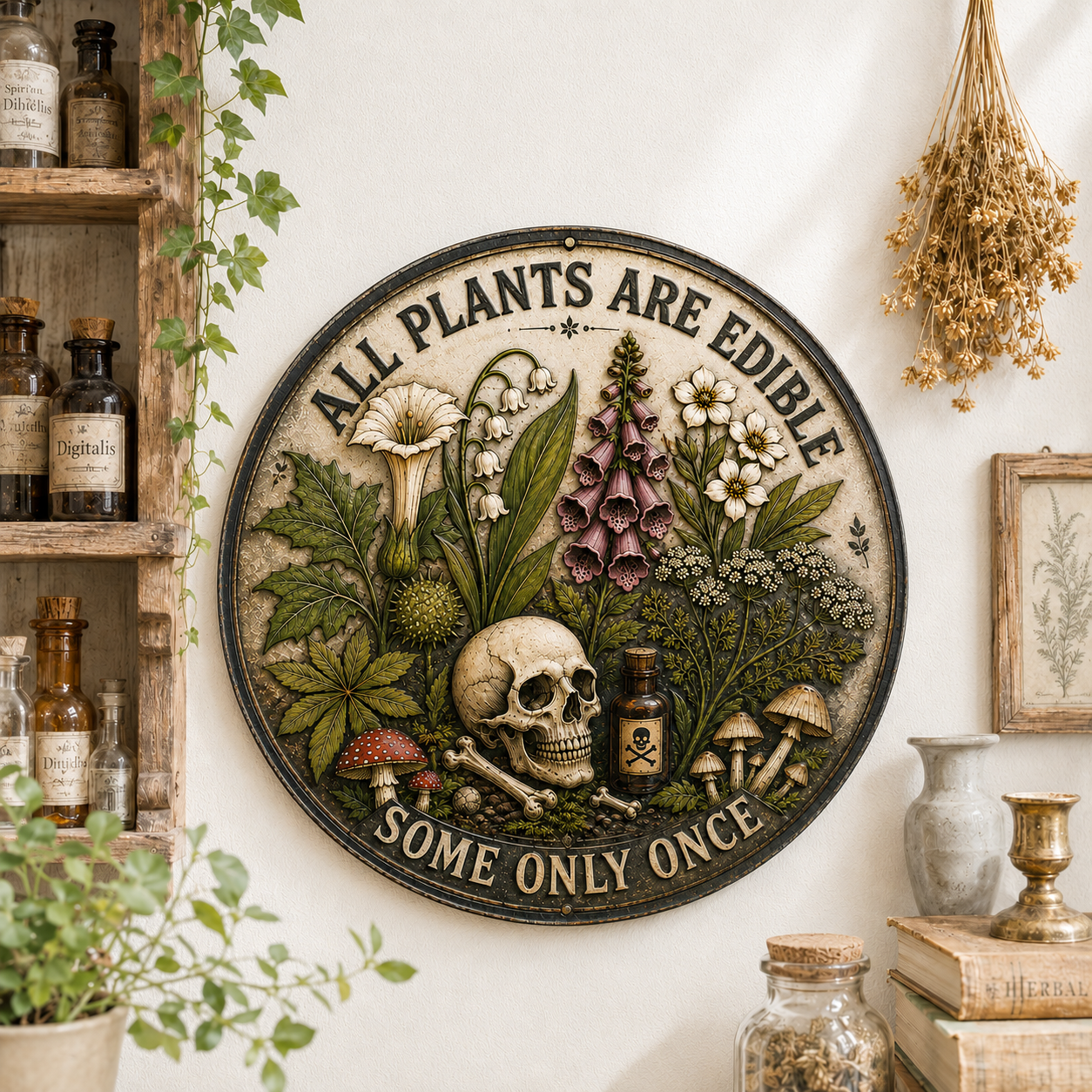All Plants Are Edible Round Metal Sign, Funny Gothic Botanical Metal Sign, Dark Humor Plant Lover Gift, Mushroom Skull Decor