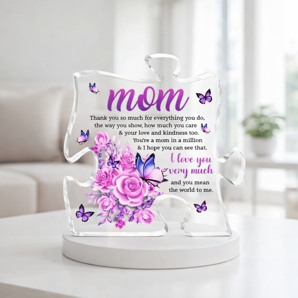 Mom You Mean The World To Me Puzzle Shaped Acrylic Plaque, Mother's Day, Birthday Gift For Mom, Grandma