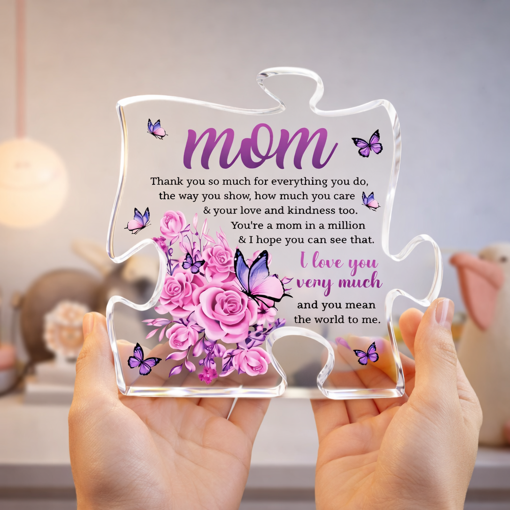 Mom You Mean The World To Me Puzzle Shaped Acrylic Plaque, Mother's Day, Birthday Gift For Mom, Grandma