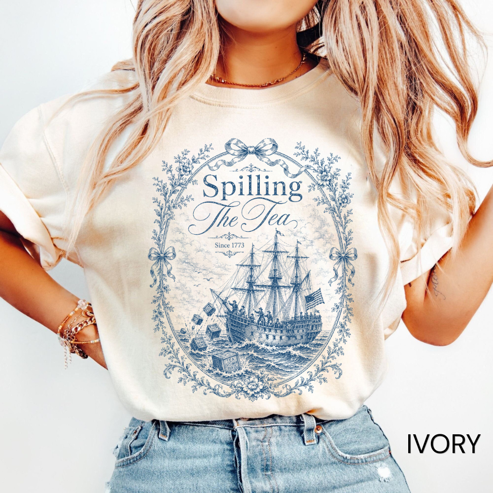 Blue Toile Spilling The Tea Since 1773 Shirt, Funny 4th of July Tee, Boston Tea Party Patriotic Shirt, Americana Clothing, USA Independence Day Gift