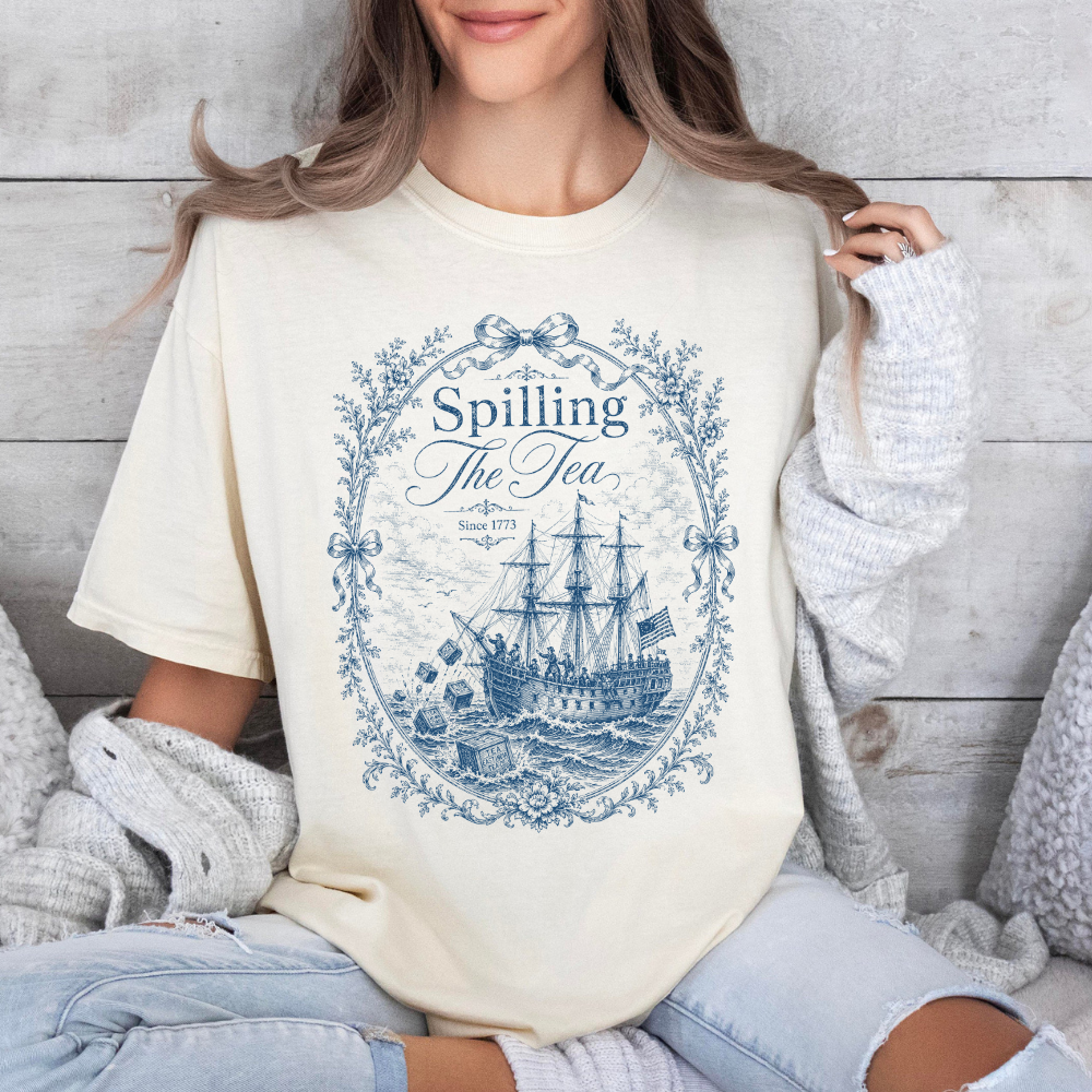 Blue Toile Spilling The Tea Since 1773 Shirt, Funny 4th of July Tee, Boston Tea Party Patriotic Shirt, Americana Clothing, USA Independence Day Gift