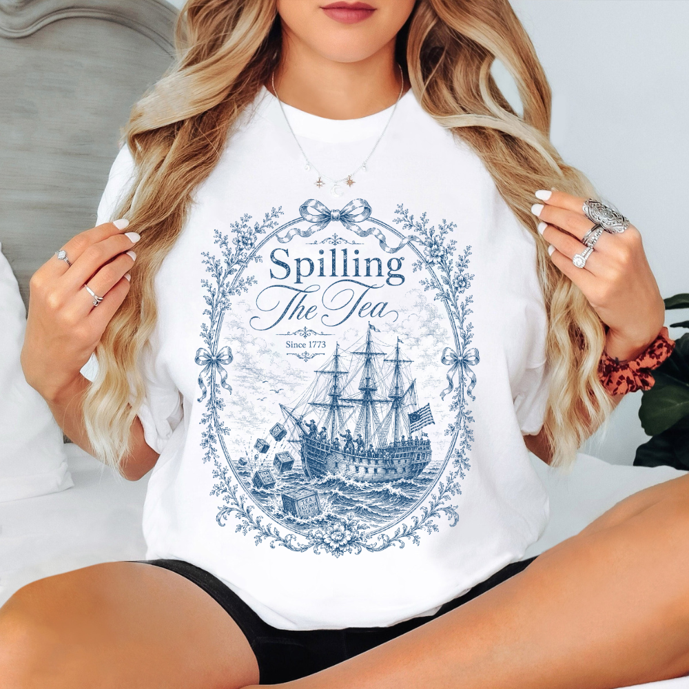 Blue Toile Spilling The Tea Since 1773 Shirt, Funny 4th of July Tee, Boston Tea Party Patriotic Shirt, Americana Clothing, USA Independence Day Gift