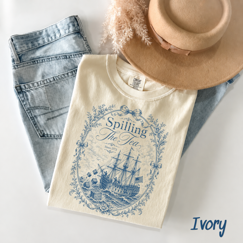Blue Toile Spilling The Tea Since 1773 Shirt, Funny 4th of July Tee, Boston Tea Party Patriotic Shirt, Americana Clothing, USA Independence Day Gift