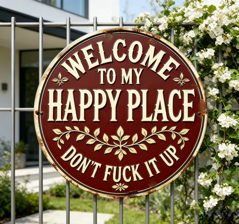 Outdoor Rustic Garden Decor, Welcome to My Happy Place Metal Sign, Vintage Garden Metal Sign For Family