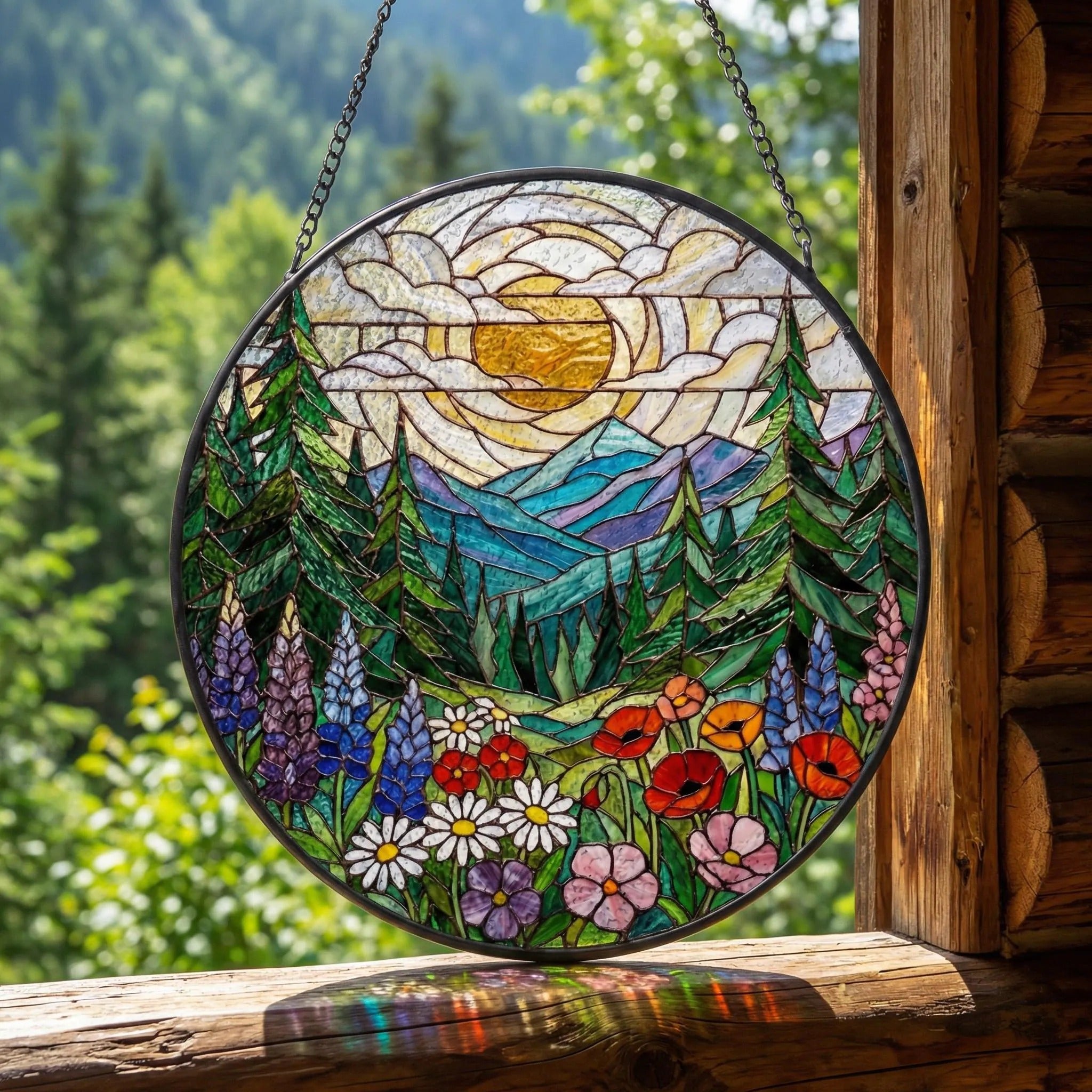 Forest Mountain Stained Glass Suncatcher, Nature Window Hanging, Mother’s Birthday Gift for Mom
