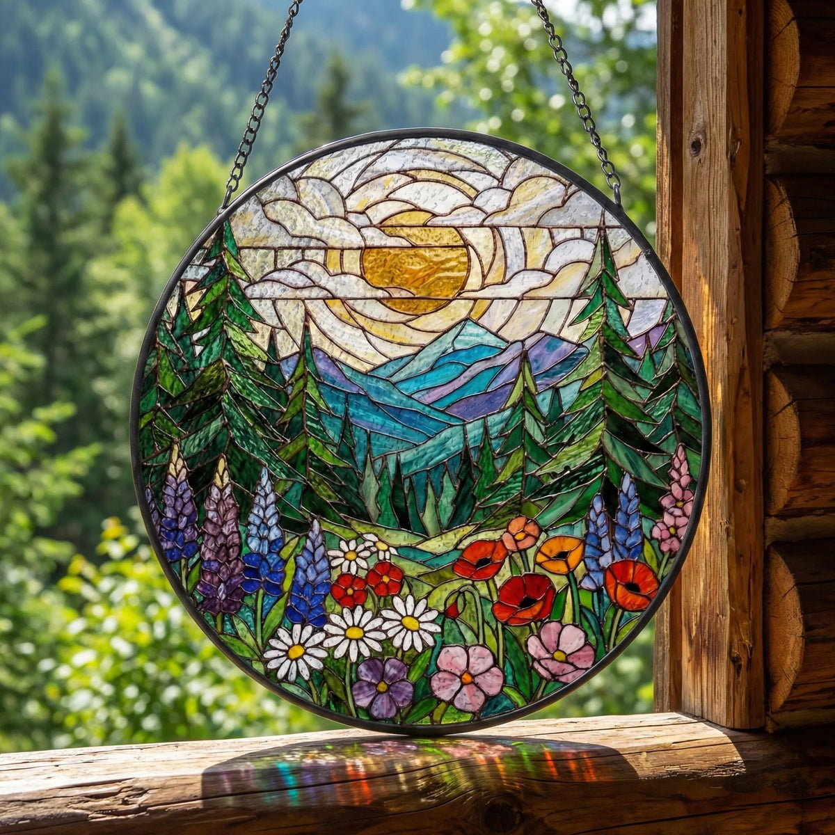 Forest Mountain Stained Glass Suncatcher, Nature Window Hanging, Mother’s Birthday Gift for Mom