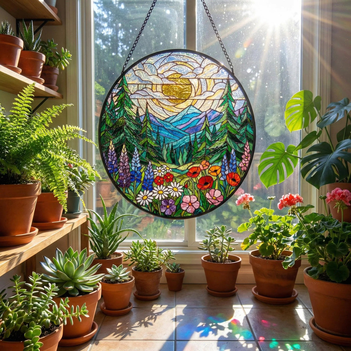 Forest Mountain Stained Glass Suncatcher, Nature Window Hanging, Mother’s Birthday Gift for Mom