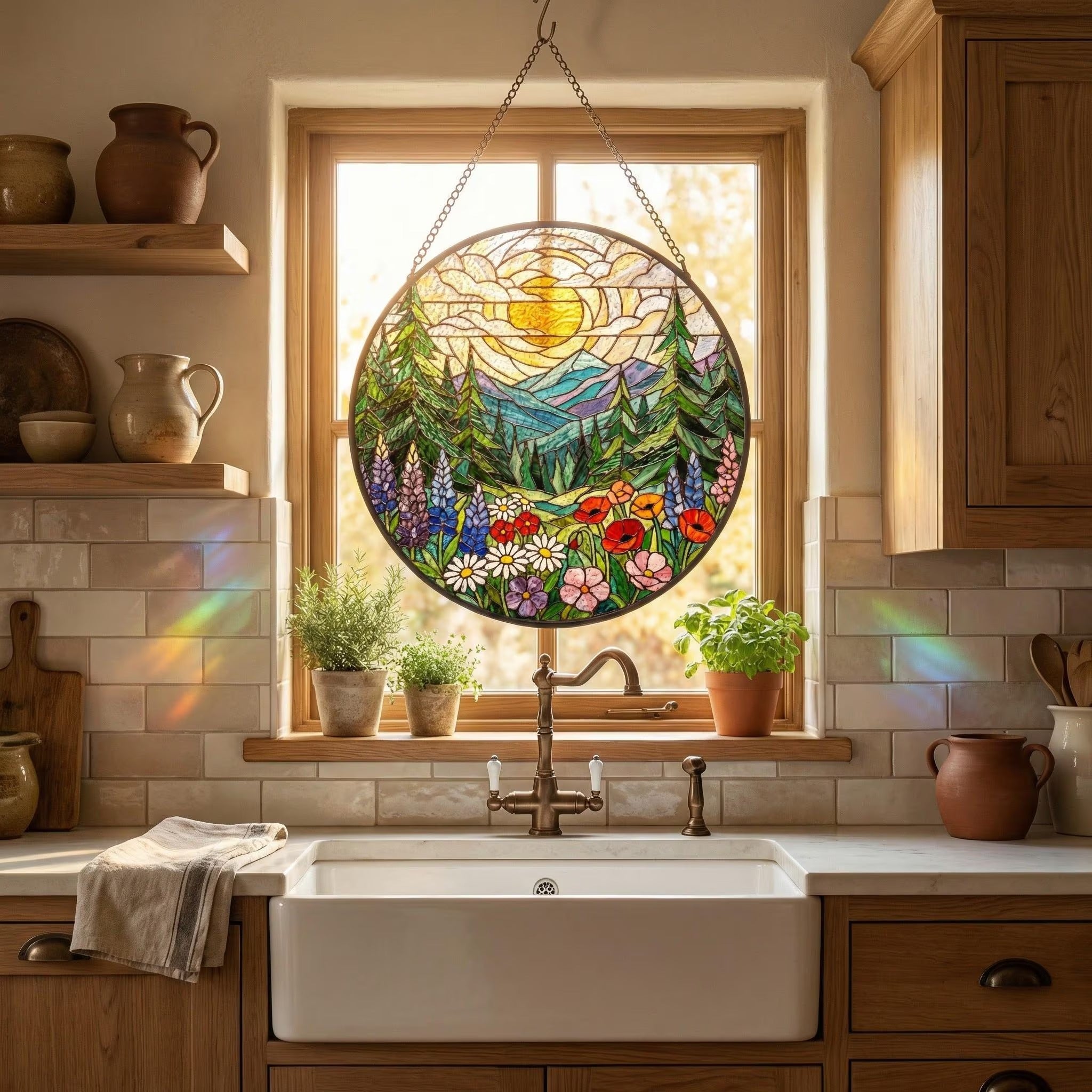Forest Mountain Stained Glass Suncatcher, Nature Window Hanging, Mother’s Birthday Gift for Mom