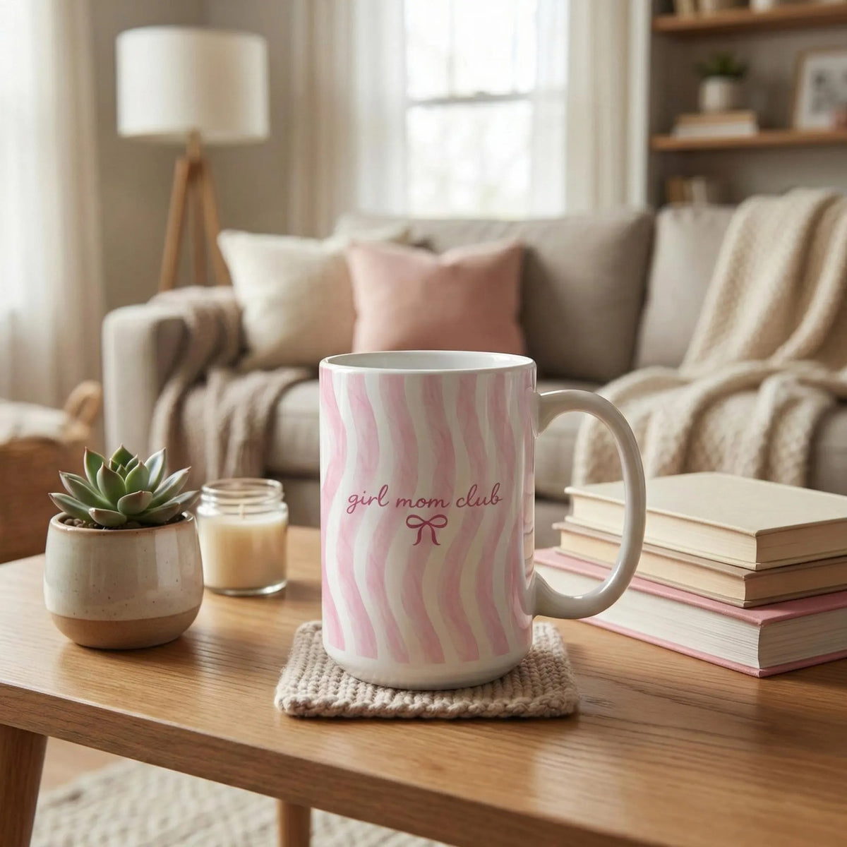 Girl Mom Club Ceramic Mug: Pink Stripe Coffee Cup Coquette Style Drinkware