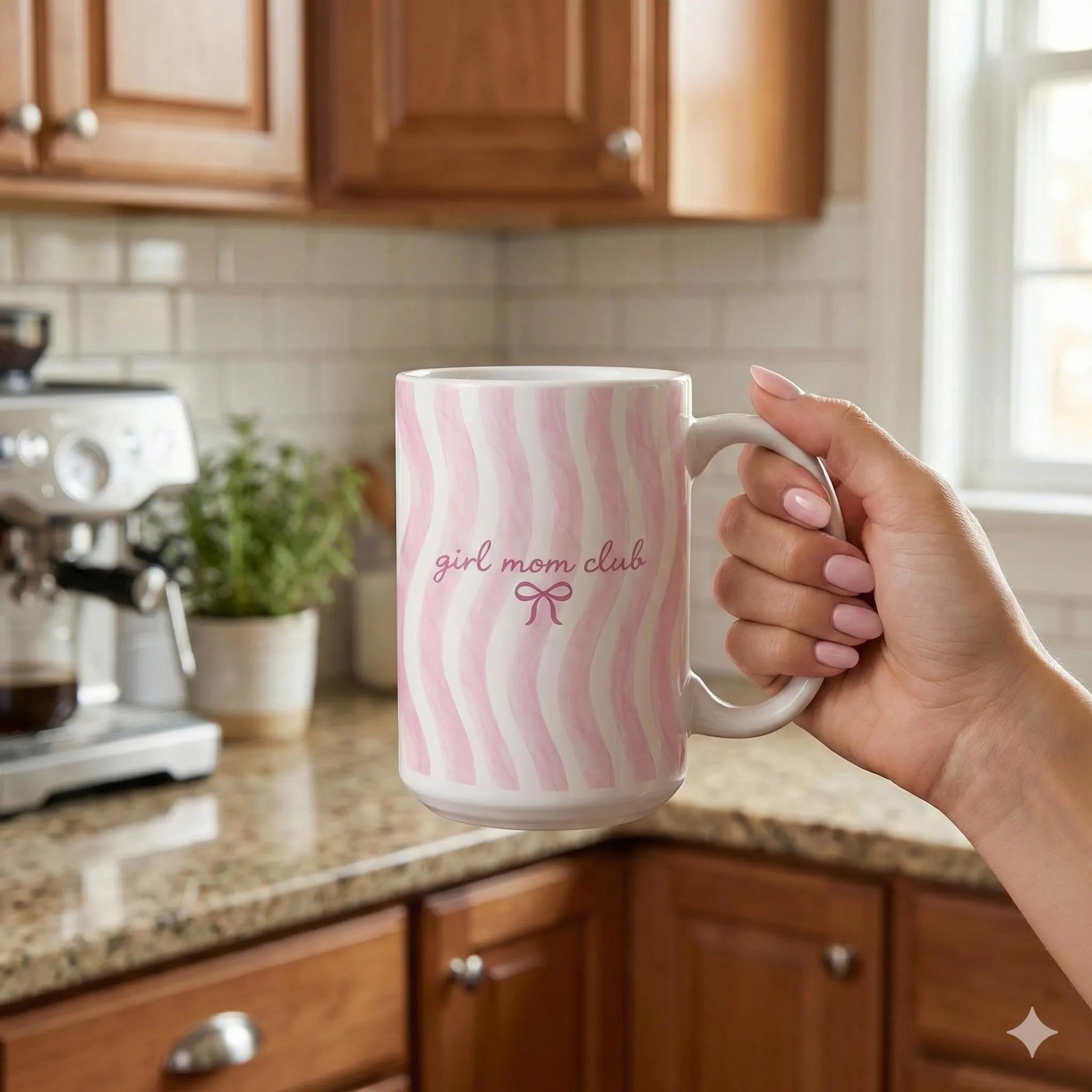 Girl Mom Club Ceramic Mug: Pink Stripe Coffee Cup Coquette Style Drinkware