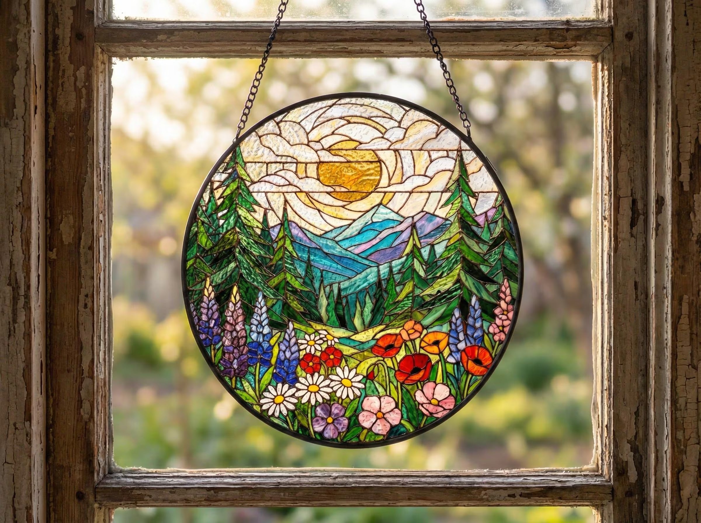 Forest Mountain Stained Glass Suncatcher, Nature Window Hanging, Mother’s Birthday Gift for Mom
