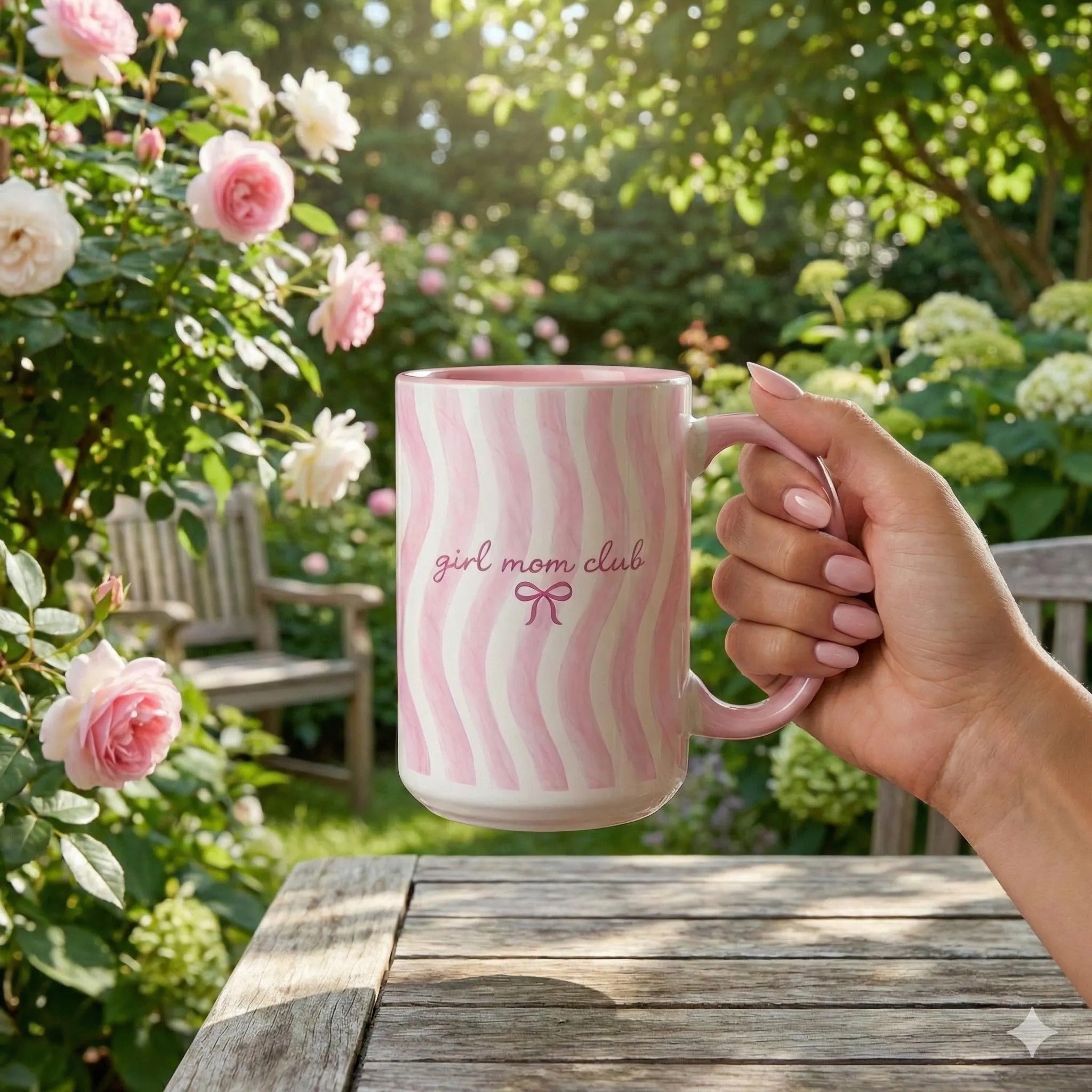 Girl Mom Club Ceramic Mug: Pink Stripe Coffee Cup Coquette Style Drinkware