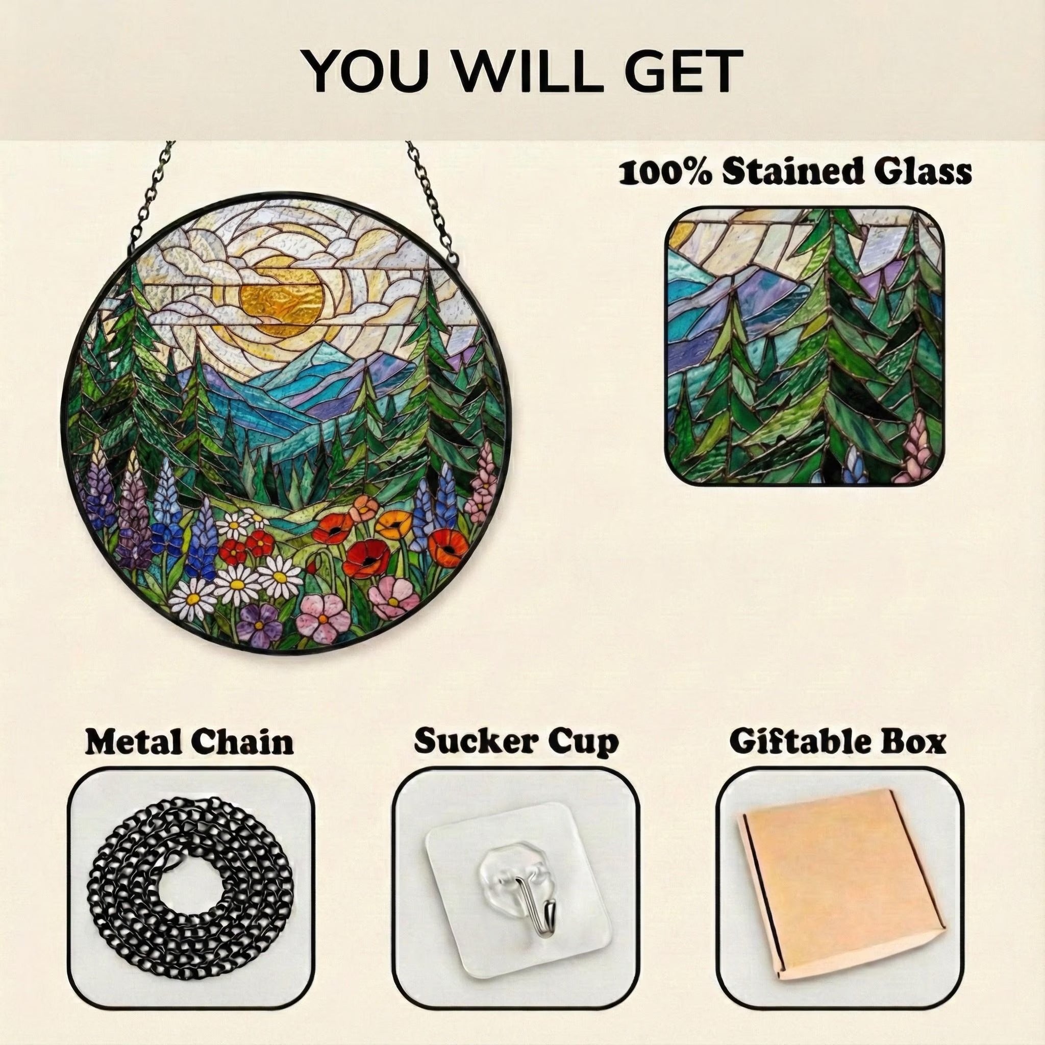 Forest Mountain Stained Glass Suncatcher, Nature Window Hanging, Mother’s Birthday Gift for Mom