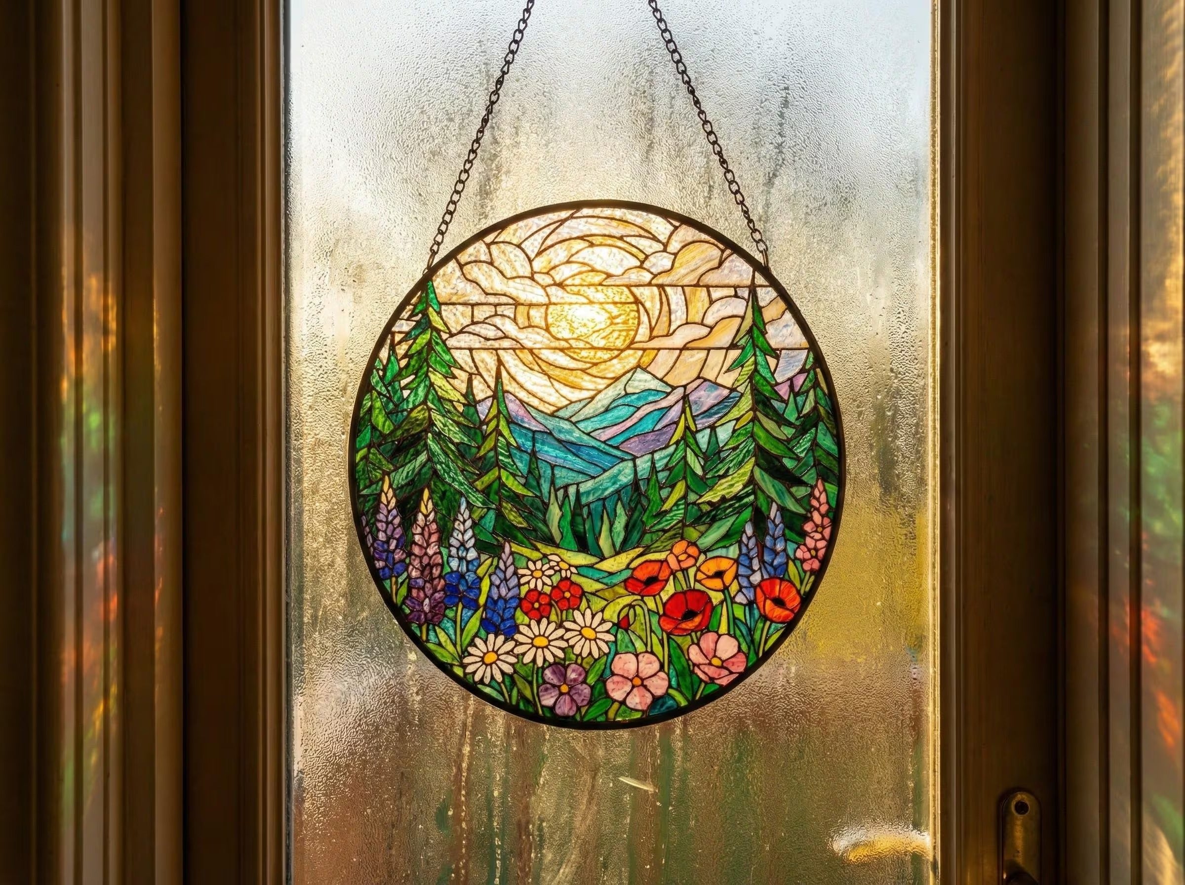 Forest Mountain Stained Glass Suncatcher, Nature Window Hanging, Mother’s Birthday Gift for Mom