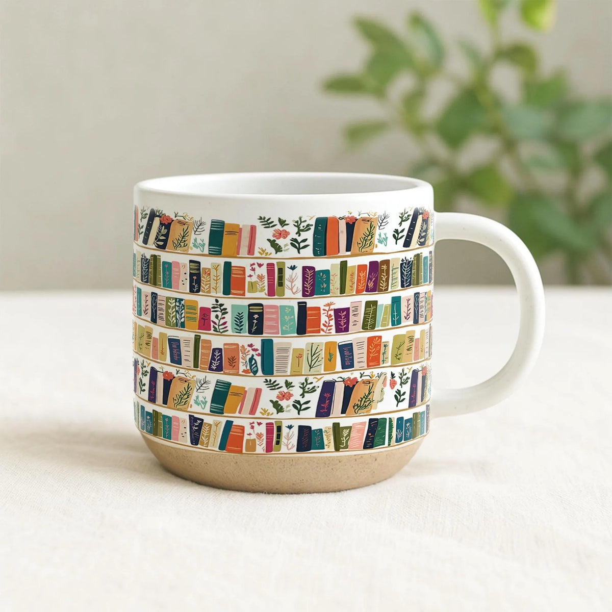 Vintage Bookshelf Library Pottery Mug Book Lover Gift, Floral Bookish Gifts For Reader, Reading Coffee Cup