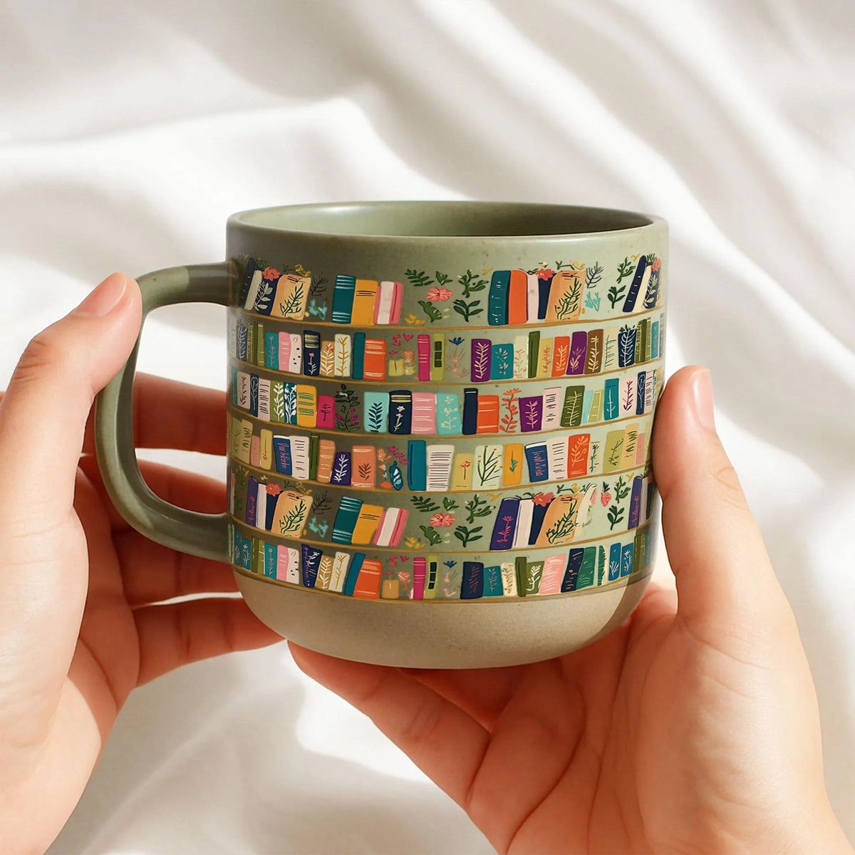 Vintage Bookshelf Library Pottery Mug Book Lover Gift, Floral Bookish Gifts For Reader, Reading Coffee Cup