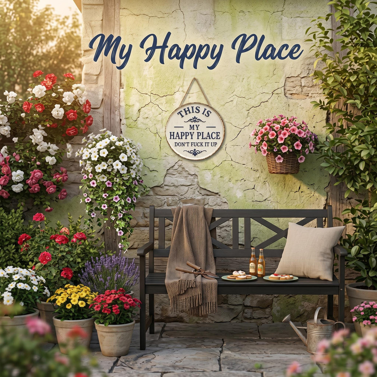 This Is My Happy Place Don't Fuck It Up Sign, Funny Rustic Home Decor, Snarky Garden Sign, Patio Decor, Humorous Yard Art, Housewarming Gift