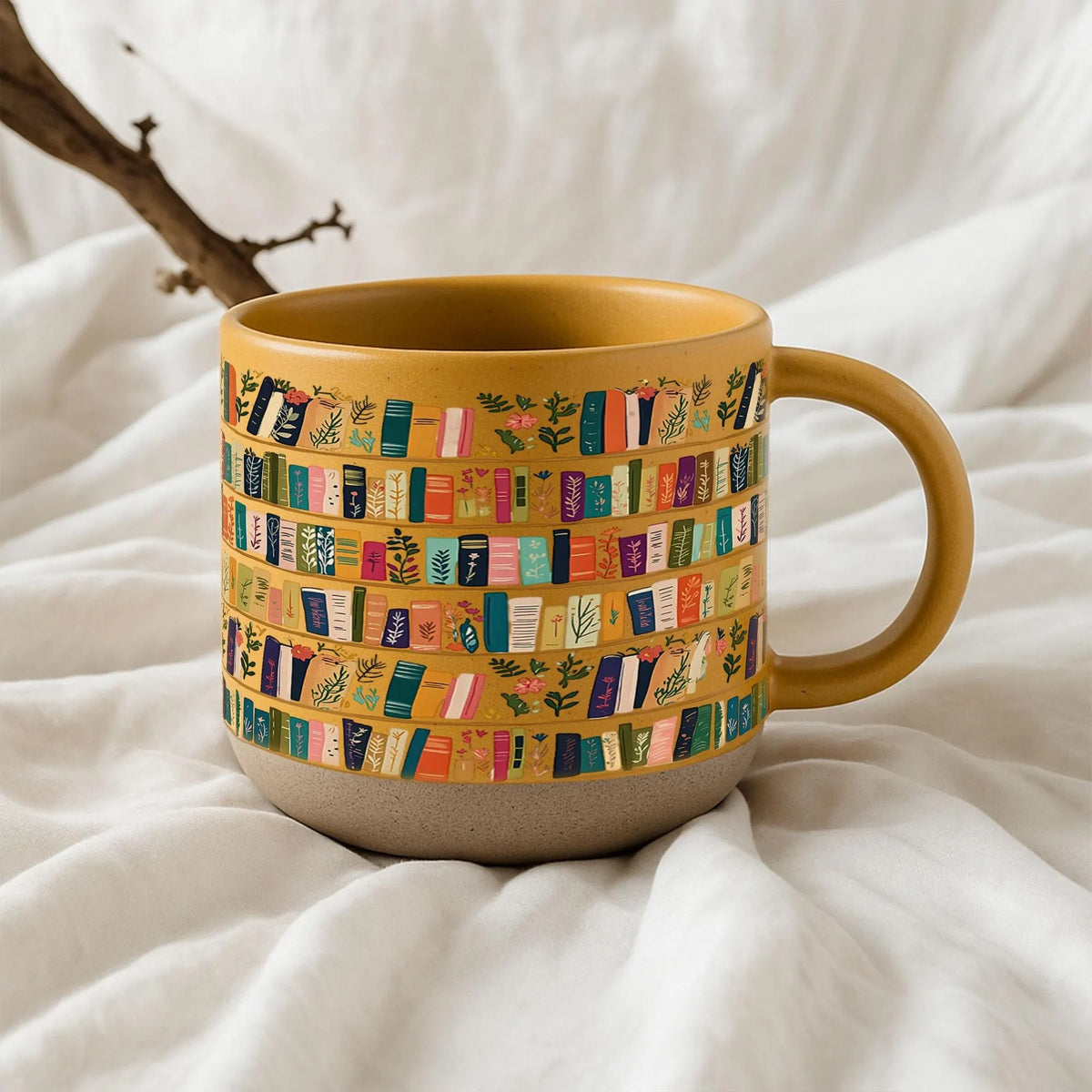 Vintage Bookshelf Library Pottery Mug Book Lover Gift, Floral Bookish Gifts For Reader, Reading Coffee Cup