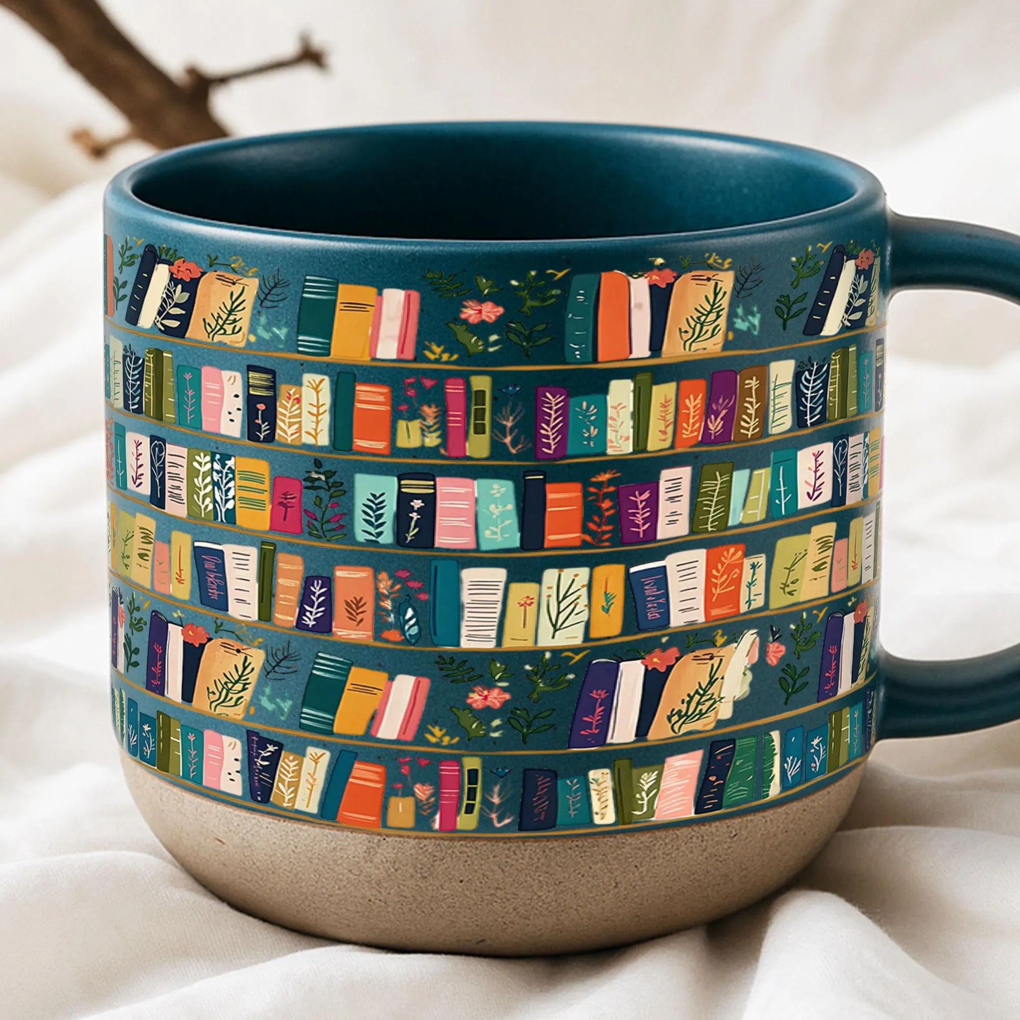 Vintage Bookshelf Library Pottery Mug Book Lover Gift, Floral Bookish Gifts For Reader, Reading Coffee Cup
