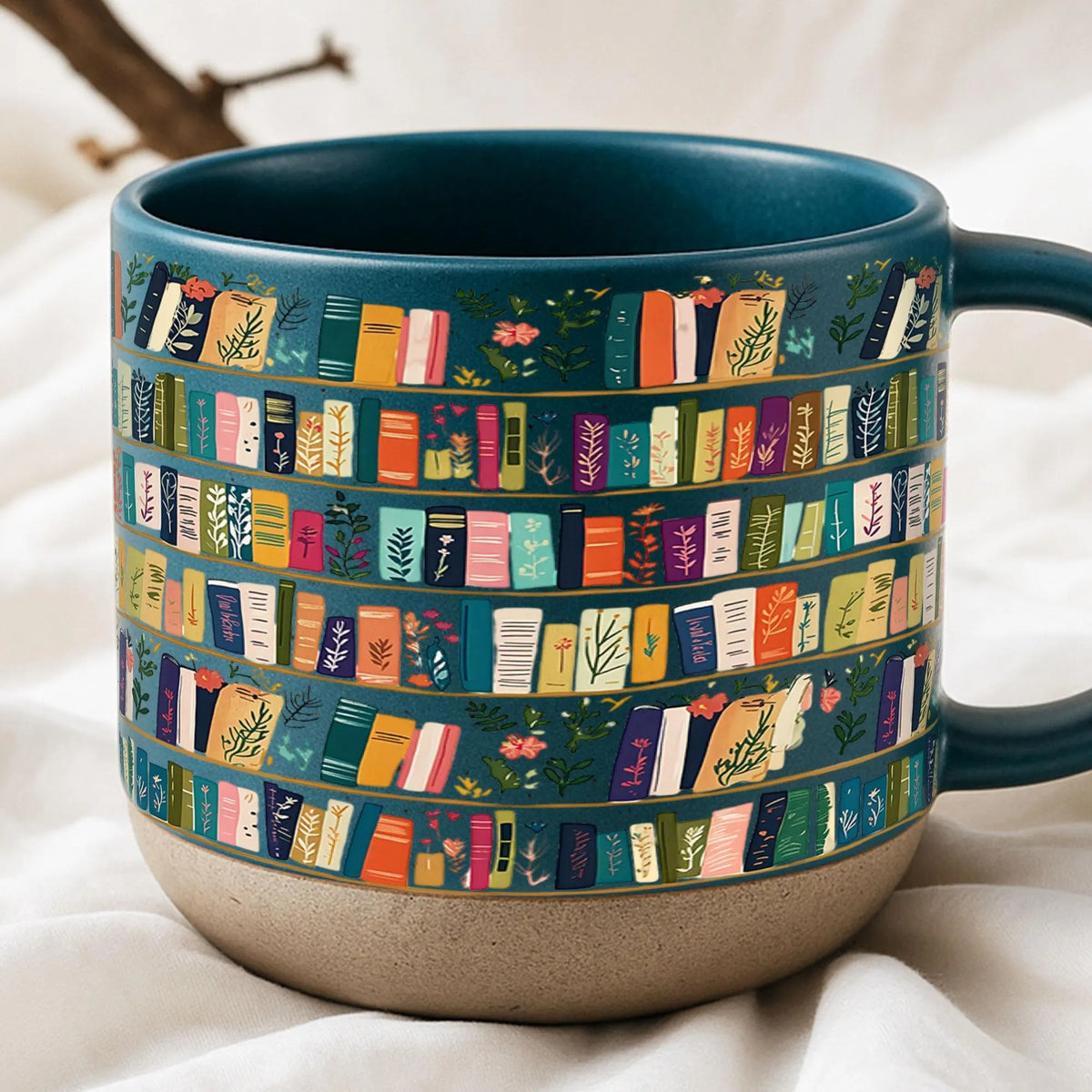 Vintage Bookshelf Library Pottery Mug Book Lover Gift, Floral Bookish Gifts For Reader, Reading Coffee Cup