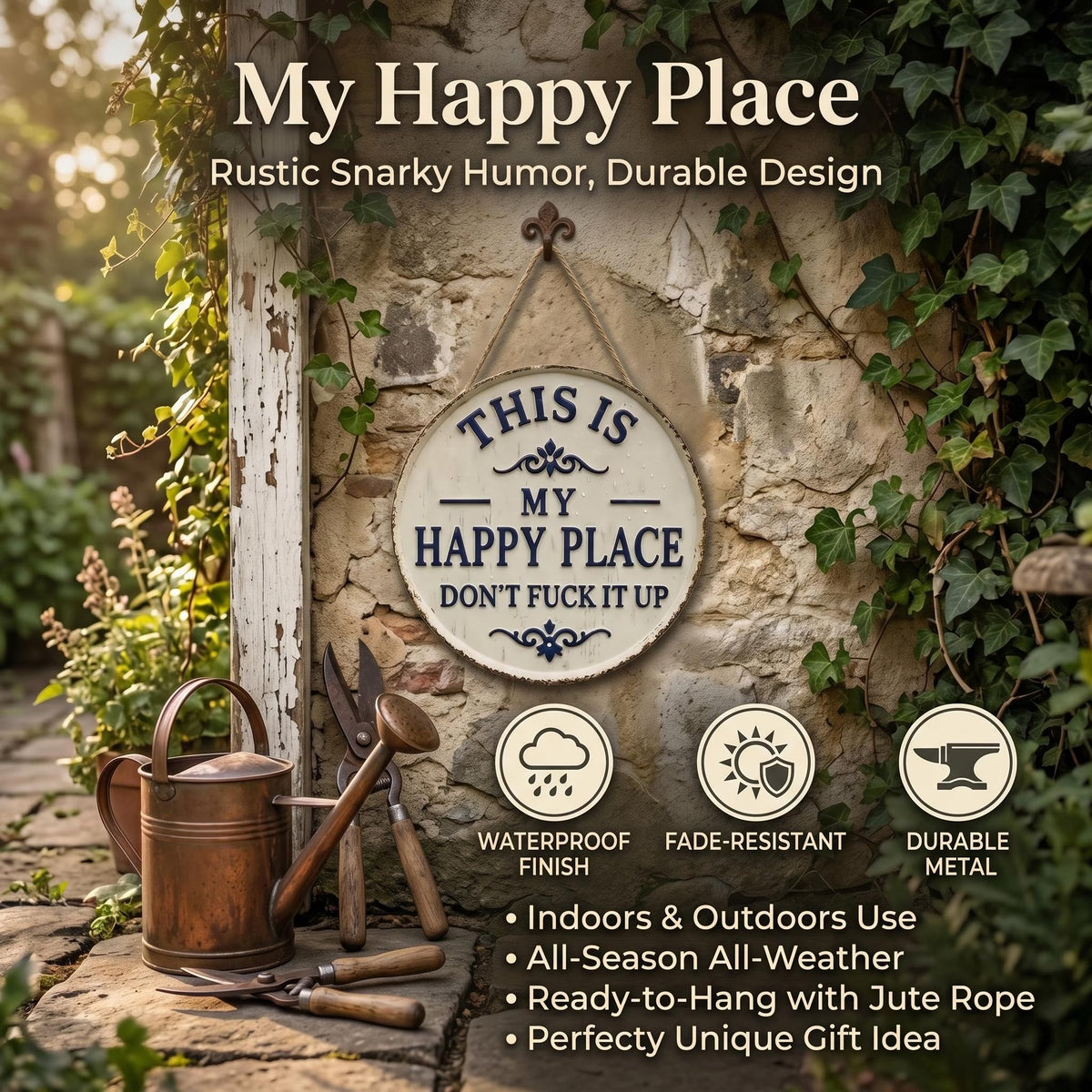 This Is My Happy Place Don't Fuck It Up Sign, Funny Rustic Home Decor, Snarky Garden Sign, Patio Decor, Humorous Yard Art, Housewarming Gift
