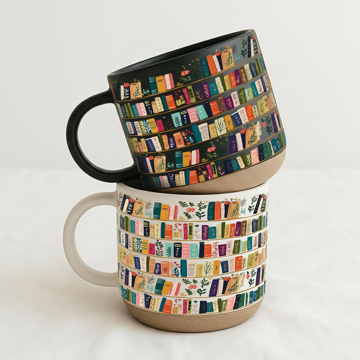 Vintage Bookshelf Library Pottery Mug Book Lover Gift, Floral Bookish Gifts For Reader, Reading Coffee Cup