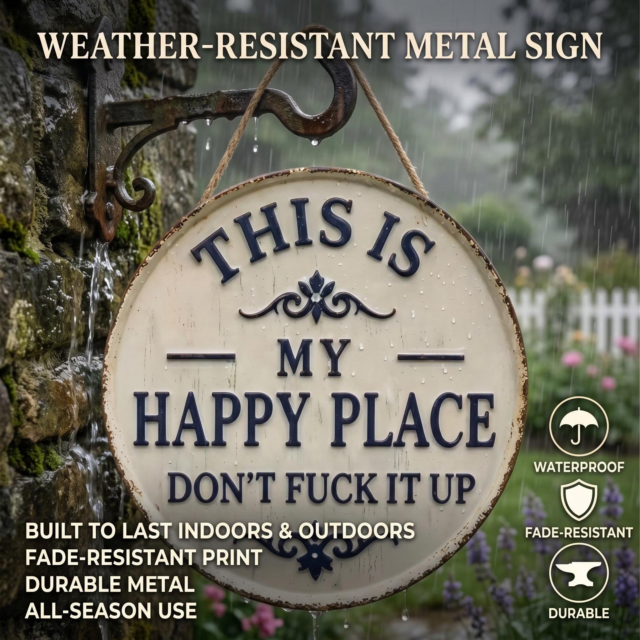 This Is My Happy Place Don't Fuck It Up Sign, Funny Rustic Home Decor, Snarky Garden Sign, Patio Decor, Humorous Yard Art, Housewarming Gift
