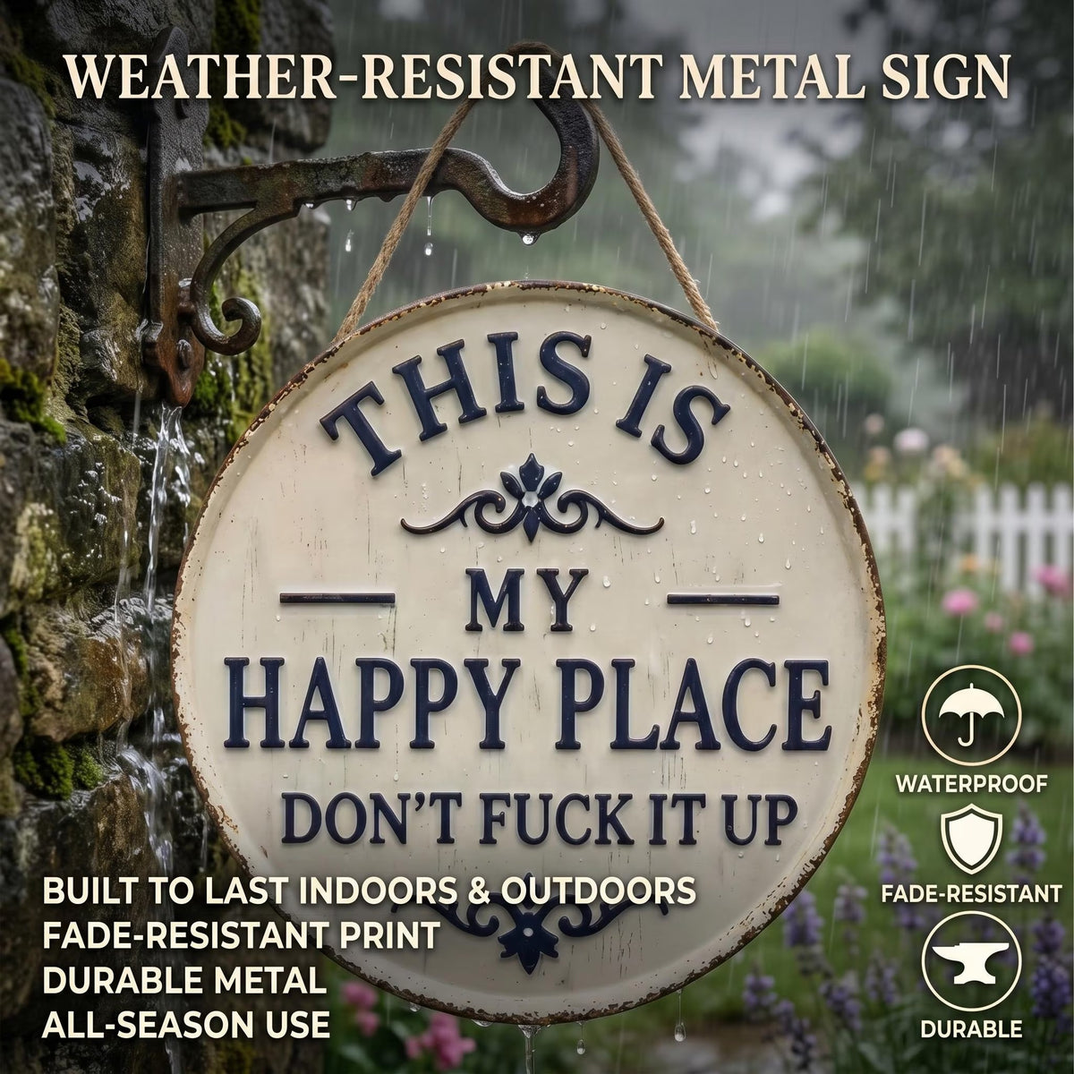 This Is My Happy Place Don't Fuck It Up Sign, Funny Rustic Home Decor, Snarky Garden Sign, Patio Decor, Humorous Yard Art, Housewarming Gift