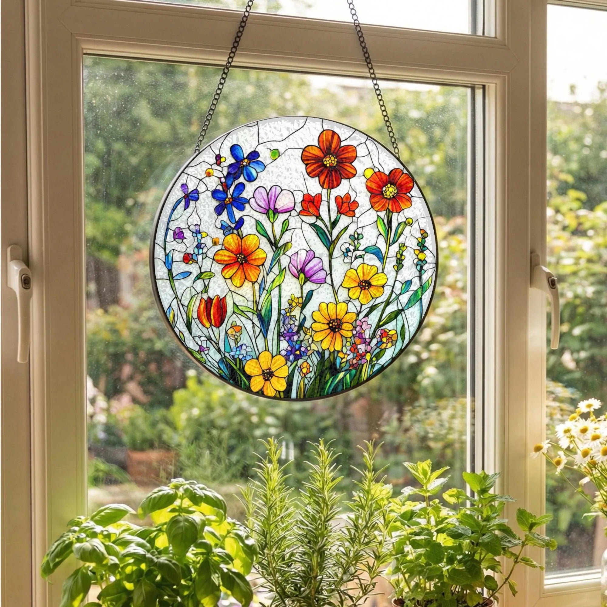 Wildflower Stained Glass Suncatcher: Flower Window Hanging, Colorful Floral Glass Art, Gift for Mom