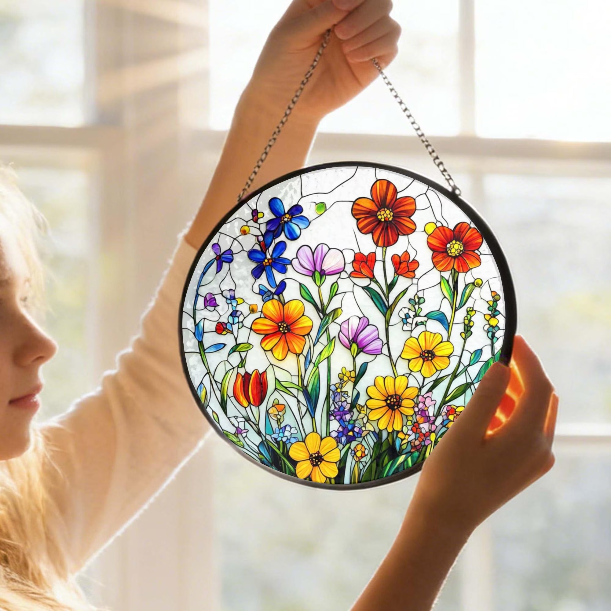 Wildflower Stained Glass Suncatcher: Flower Window Hanging, Colorful Floral Glass Art, Gift for Mom