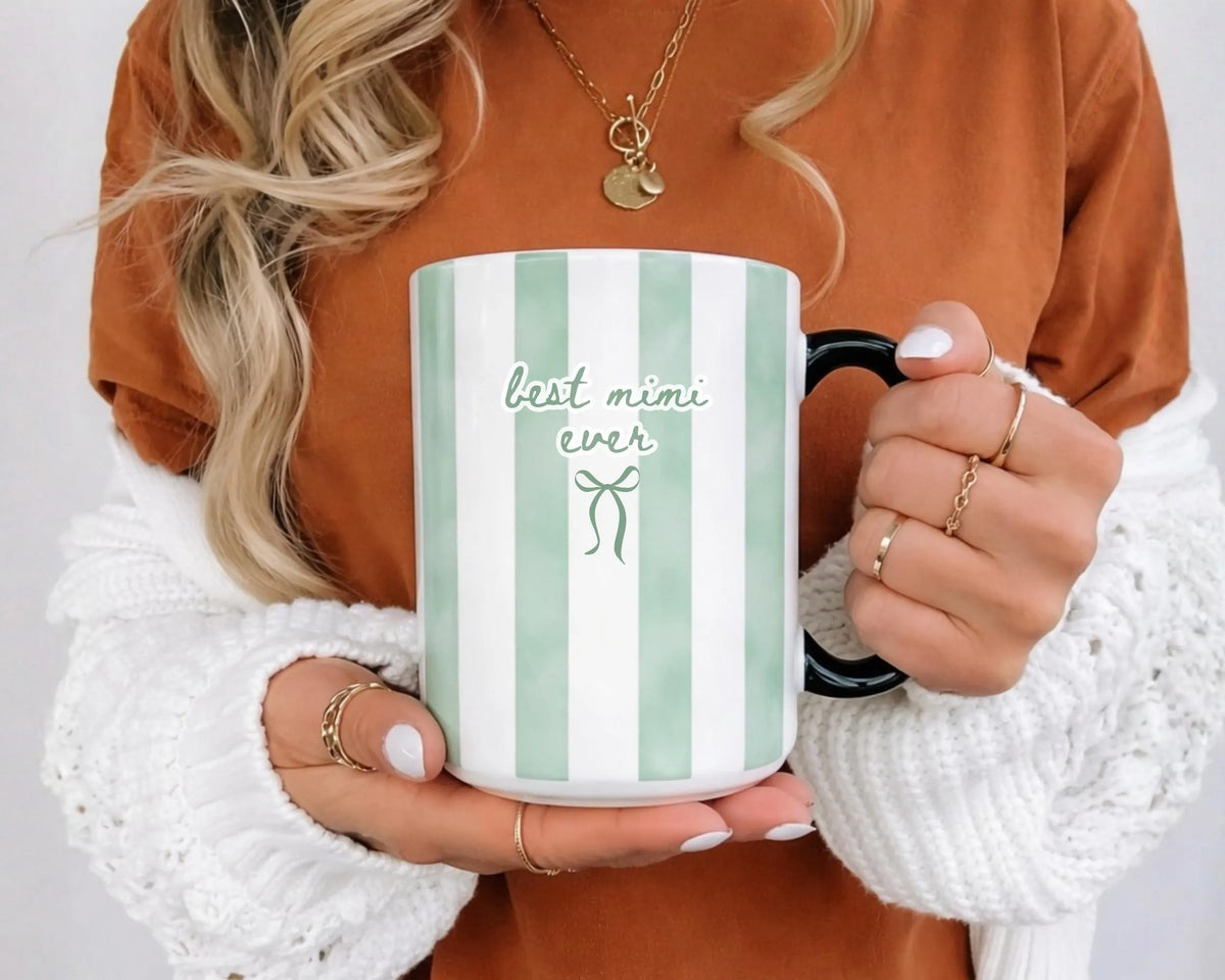 Best Mimi Ever Ceramic Mug, Color Stripe Coffee Cup Coquette Style Drinkware, Baby Announcement Gift