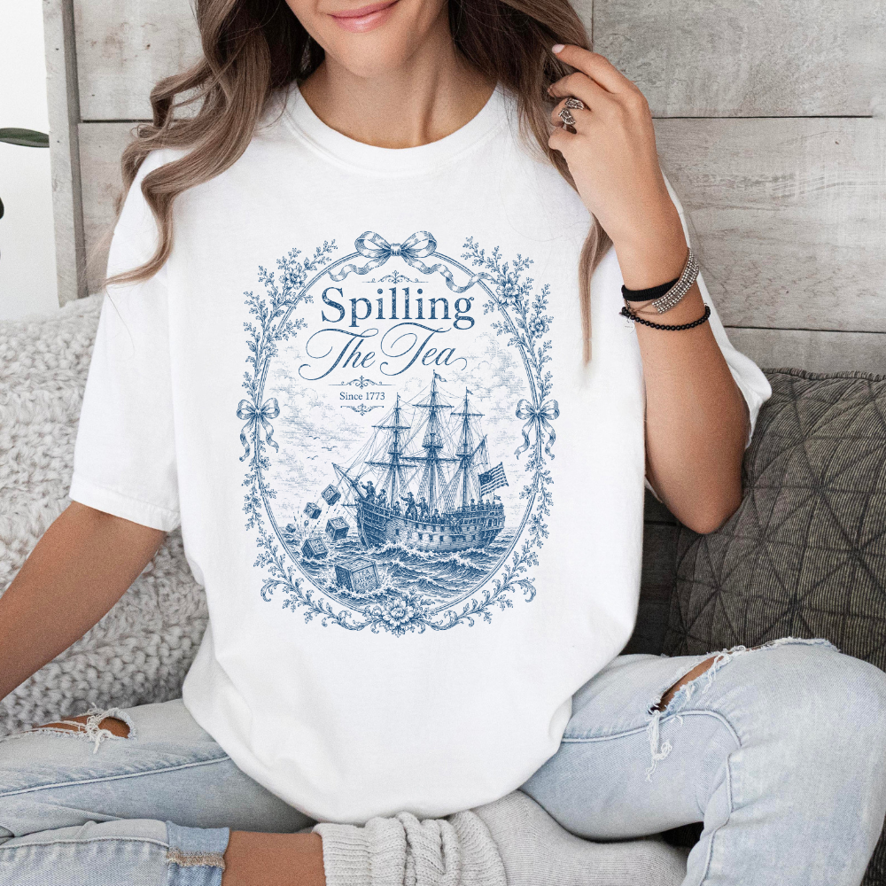 Blue Toile Spilling The Tea Since 1773 Shirt, Funny 4th of July Tee, Boston Tea Party Patriotic Shirt, Americana Clothing, USA Independence Day Gift